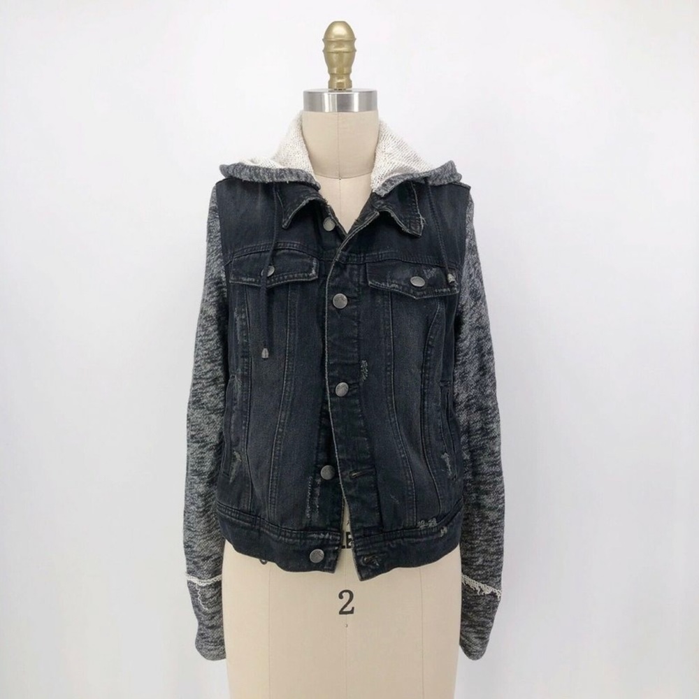 FREE PEOPLE Jacket Black Pumice Mixed Media Hooded